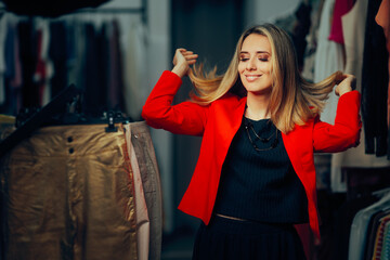 Happy Woman Arranging her Bouncy Hair Wearing red Blazer. Confident lady with attitude feeling...