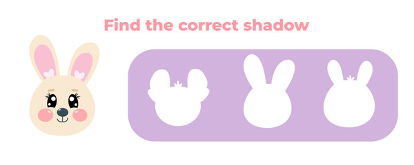 Find the correct shadow of funny kawaii characters white bunny, rabbit face animal