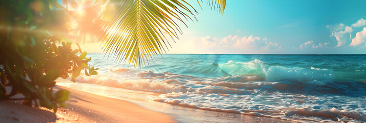 Blurred tropical beach background, perfect for summer vacation and travel promotions. - obrazy, fototapety, plakaty