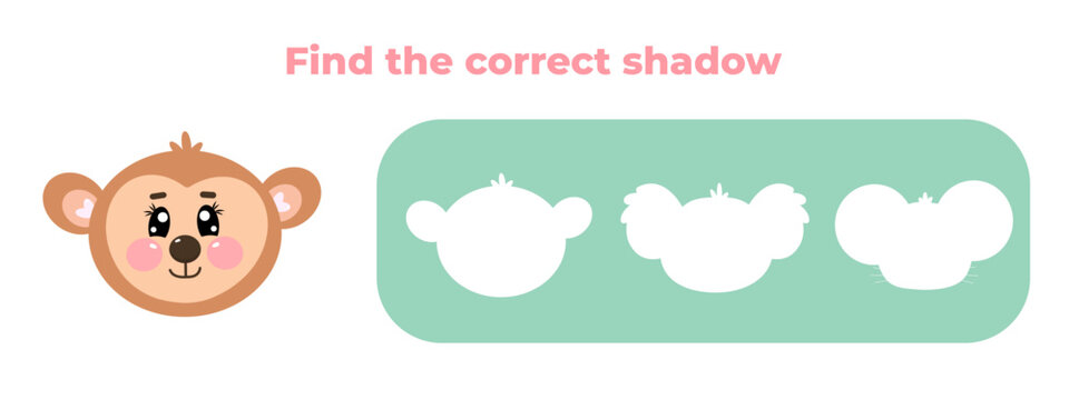 Find the correct shadow of funny characters monkey face animal. Choose correct answer. Matching game. Cute kawaii vector illustration isolated on white background. Educational game for kids, children