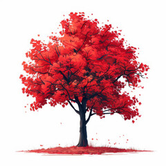 Artistic illustration of a solitary maple tree in full autumn splendor with vibrant red leaves.