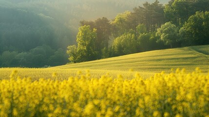 Rapeseed field with vibrant yellow flowers in summertime an agricultural field adjacent to the forest - Powered by Adobe