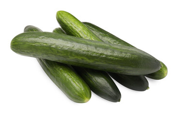 Many long fresh cucumbers isolated on white
