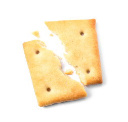 Crispy broken cracker isolated on white, top view