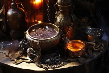 Fototapeta na wymiar Witch's Brew: Display jewelry near a cauldron filled with bubbling potion.