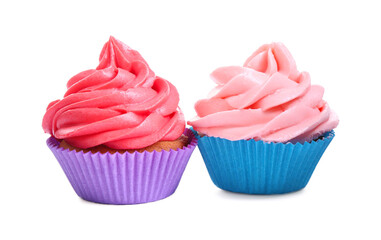 Different tasty cupcakes with cream isolated on white