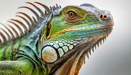 A close up portrait of a Green iguana (Iguana iguana) on a white background - obrazy, fototapety, plakaty