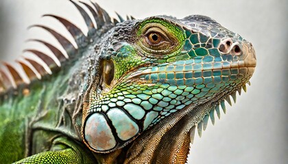 Fototapeta premium A close up portrait of a Green iguana (Iguana iguana) on a white background; Limon province, Costa Rica 4K 