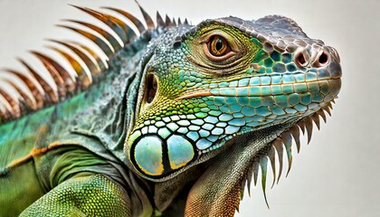 A close up portrait of a Green iguana (Iguana iguana) on a white background; Limon province, Costa Rica 4K 