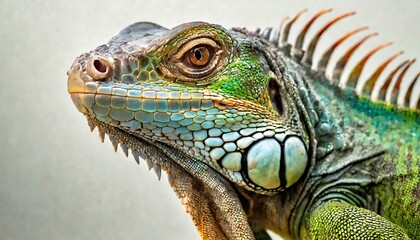 A close up portrait of a Green iguana (Iguana iguana) on a white background; Limon province, Costa Rica 4K  - obrazy, fototapety, plakaty