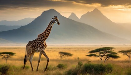 A giraffe (giraffa) walking in a field in the grasslands of the savanna with a hazy silhouette of...
