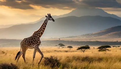 Foto op Canvas A giraffe (giraffa) walking in a field in the grasslands of the savanna with a hazy silhouette of the mountains in the background © Micaela