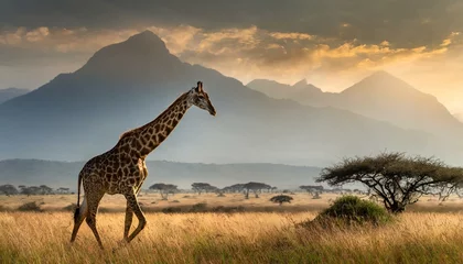 Foto op Plexiglas A giraffe (giraffa) walking in a field in the grasslands of the savanna with a hazy silhouette of the mountains in the background © Micaela