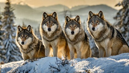 A pack of wolves (Canis lupus) gathered on a snow covered hill in Yellowstone National Park