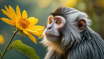 Fototapeta premium A silver leaf or silvery Lutung monkey, Trachypithecus cristatus, reaching out for a yellow flower 