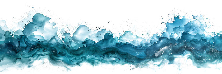 Teal and silver watercolor paint splotches on transparent background.