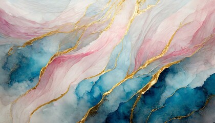 Abstract watercolor paint background illustration - Soft pastel pink blue color and golden lines, with liquid fluid marbled paper texture, 8k 
