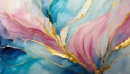 Abstract watercolor paint background illustration - Soft pastel pink blue color and golden lines, with liquid fluid marbled paper texture, 8k 
