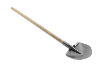 One new shovel with wooden handle isolated on white. Gardening tool