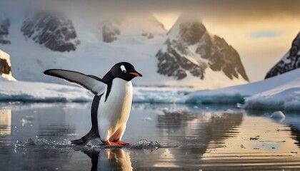 An Adelie penguin stretches its wings in Antarctica