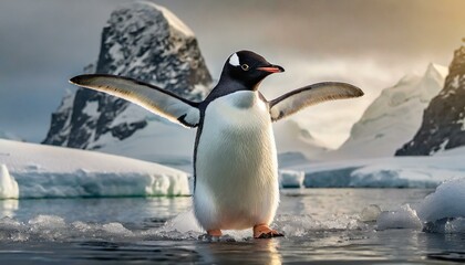 An Adelie penguin stretches its wings in Antarctica