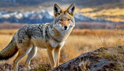 Obraz premium An alert Coyote (Canis latrans) at the Rocky Mountain Arsenal National Wildlife Refuge