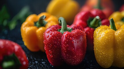 Fresh Dew-Kissed Bell Peppers on Dark Background