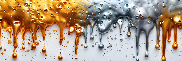 Gold and silver metallic watercolor paint drips on transparent background.