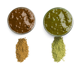 Set with henna paste and powder of different colors isolated on white, top view