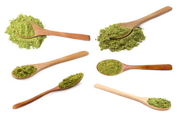Set of henna powder with spoons isolated on white, top and side views