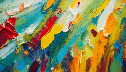Closeup of abstract rough colourful colours painting texture, with oil brushstroke, pallet knife paint on canvas - Art background illustration. Art concept
