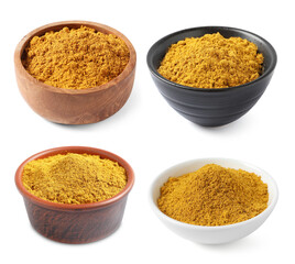 Curry in bowls isolated on white, collection