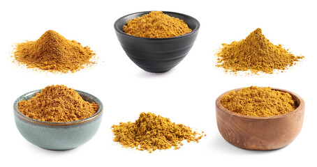 Curry isolated on white, collection. Aromatic spice