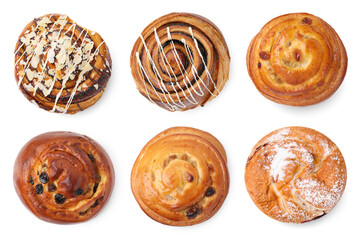 Different delicious sweet buns isolated on white, set