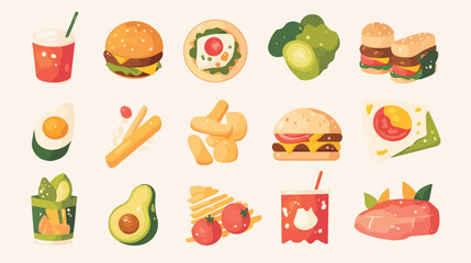 Colored food icons of healthy and fast food - veget