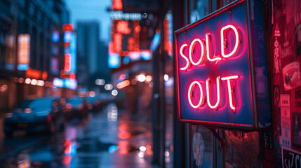 Neon “SOLD OUT” - no more product available - bright lights and colors  - obrazy, fototapety, plakaty
