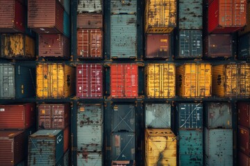 Aerial view of cargo containers neatly arranged on the deck of a massive freighter.