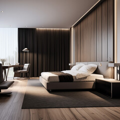 Corner of modern bedroom with white and wooden walls, wooden floor, comfortable king size bed and bathroom in the background. 3d rendering