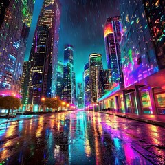 an elegant, futuristic cityscape at dusk, with sleek skyscrapers illuminated by neon lights reflecting off of glistening rain-soaked streets below."