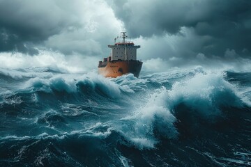 Dramatic shot of a cargo ship braving stormy seas amidst crashing waves and dark clouds.