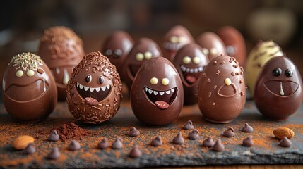 Assorted Chocolate Easter Eggs with Smiling Faces on Rustic Background