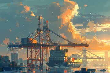 Industrial port with cranes loading cargo onto a massive container ship. - obrazy, fototapety, plakaty