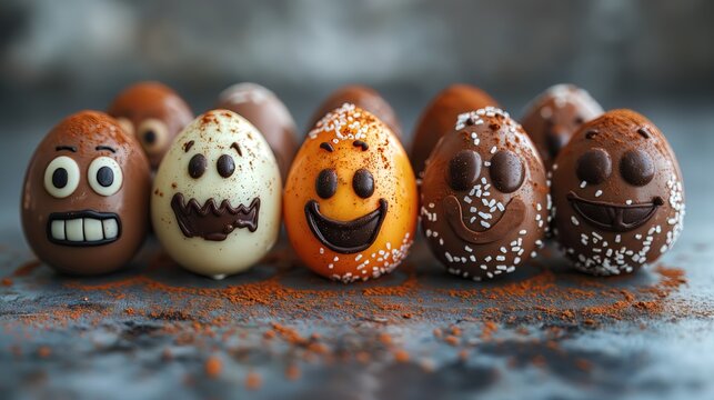 Row of Decorated Chocolate Easter Eggs with Funny Faces