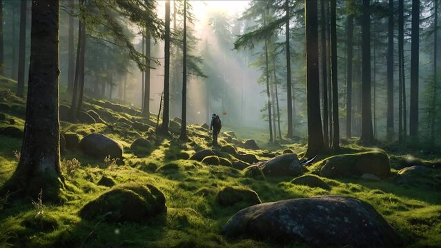 man in misty morning in the forest