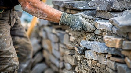 A skilled bricklayer builds a stone wall with patience and precision. Each stone is carefully placed, fitting perfectly into the next to form a solid, lasting structure.