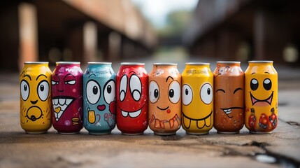 Colorful Cartoon-Faced Cans Lined Up on Wooden Surface - obrazy, fototapety, plakaty
