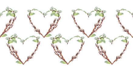 Seamless rim with watercolor heart wreath made of twigs willow and green leaves on white background. Hand-drawn border for spring Easter with copy space. Frame with pattern for wallpaper or wrapping