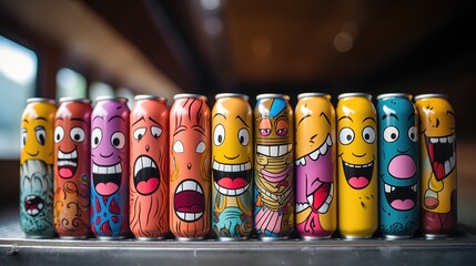 Fototapeta na wymiar Colorful Cartoon-Designed Beverage Cans on Display