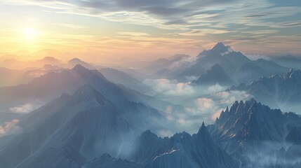 A breathtaking mountain landscape at sunrise, with misty valleys and snow-capped peaks stretching to the horizon.