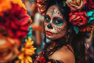 Photo of a Beautiful Woman Celebrating The Dia De Los Muertos, Generative AI